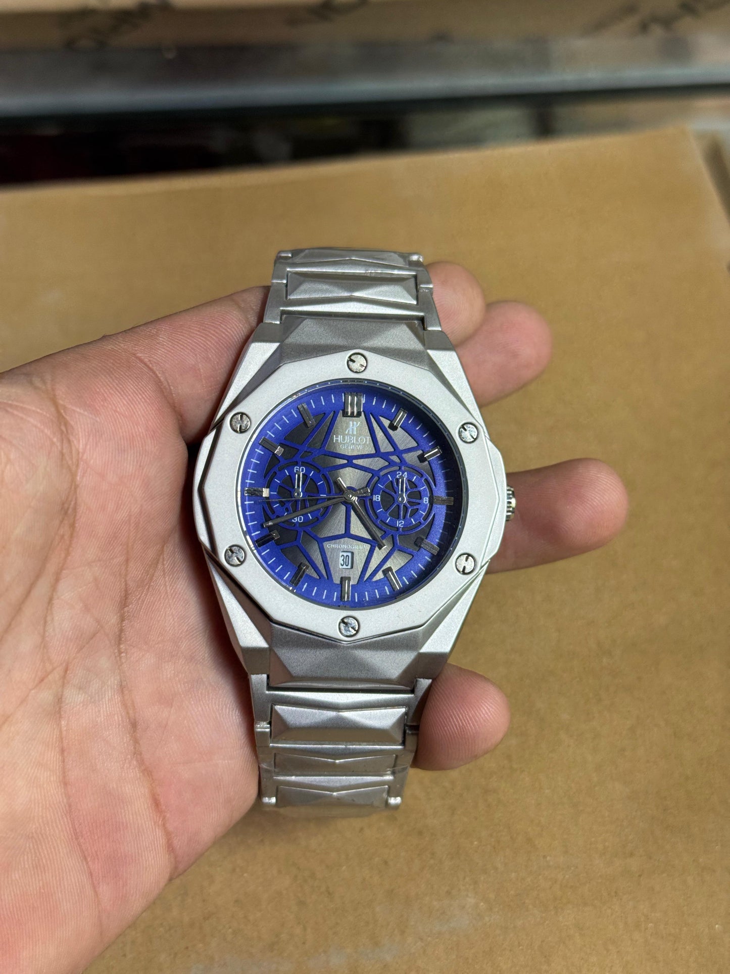 Luxury Chronograph Skeleton Dial Men’s Watch – Silver & Blue