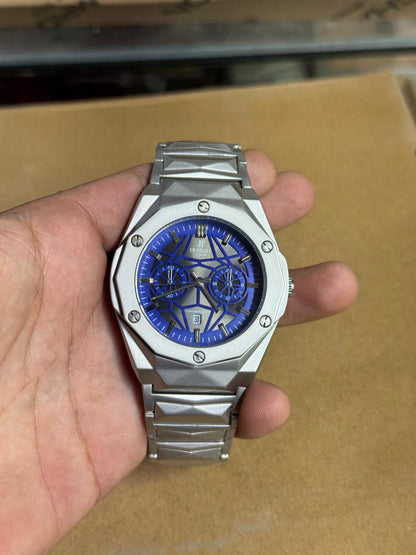 Luxury Chronograph Skeleton Dial Men’s Watch – Silver & Blue
