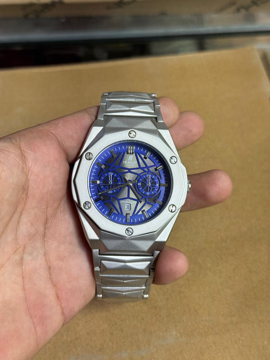 Luxury Chronograph Skeleton Dial Men’s Watch – Silver & Blue