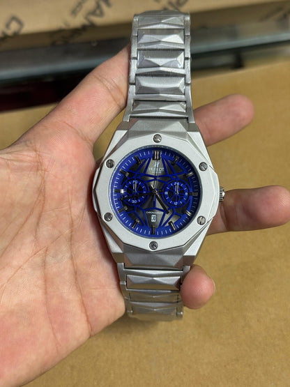 Luxury Chronograph Skeleton Dial Men’s Watch – Silver & Blue