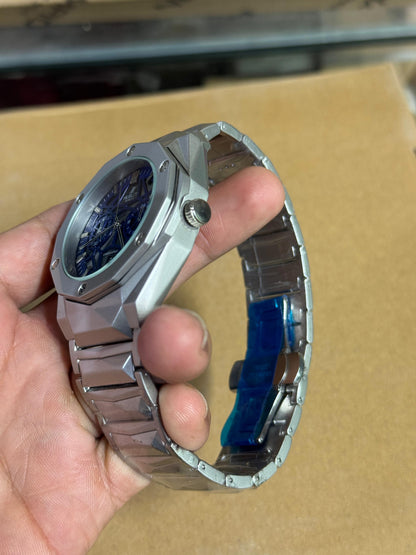 Luxury Chronograph Skeleton Dial Men’s Watch – Silver & Blue