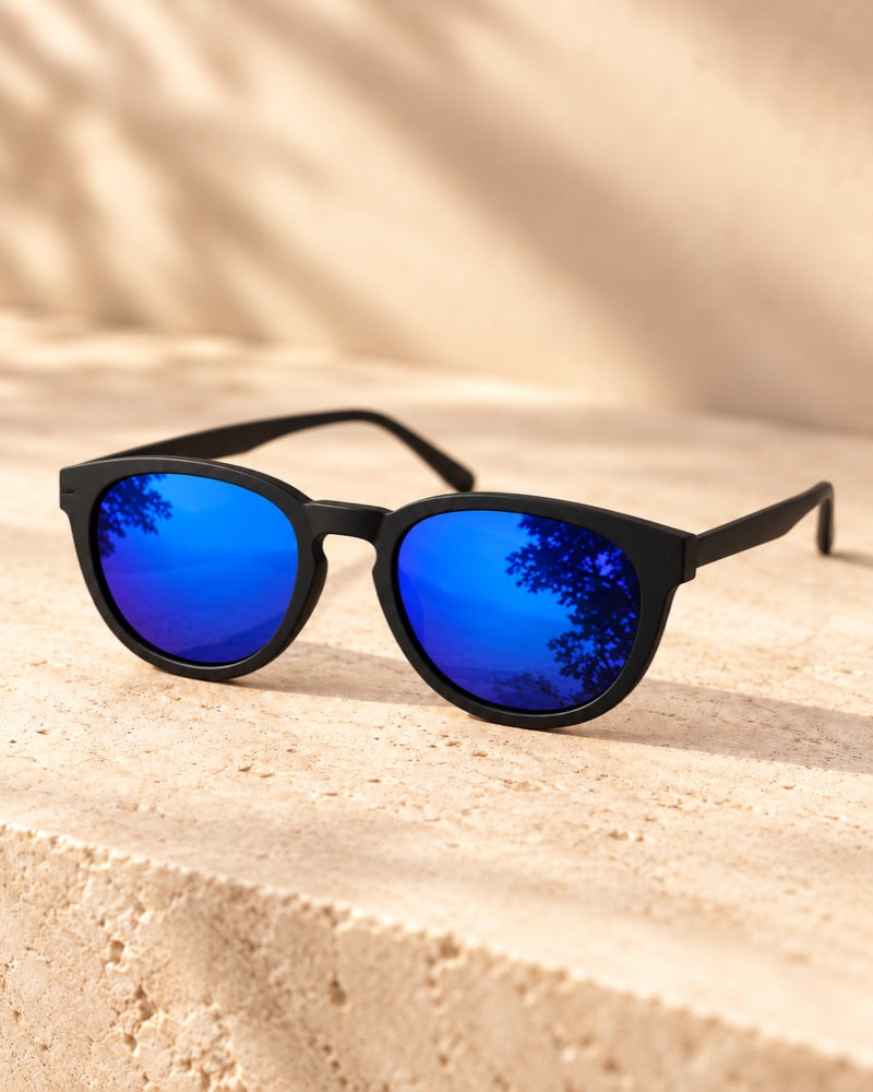 HUNA Blue Mirror UV400 High-Contrast Lens mounted on frame