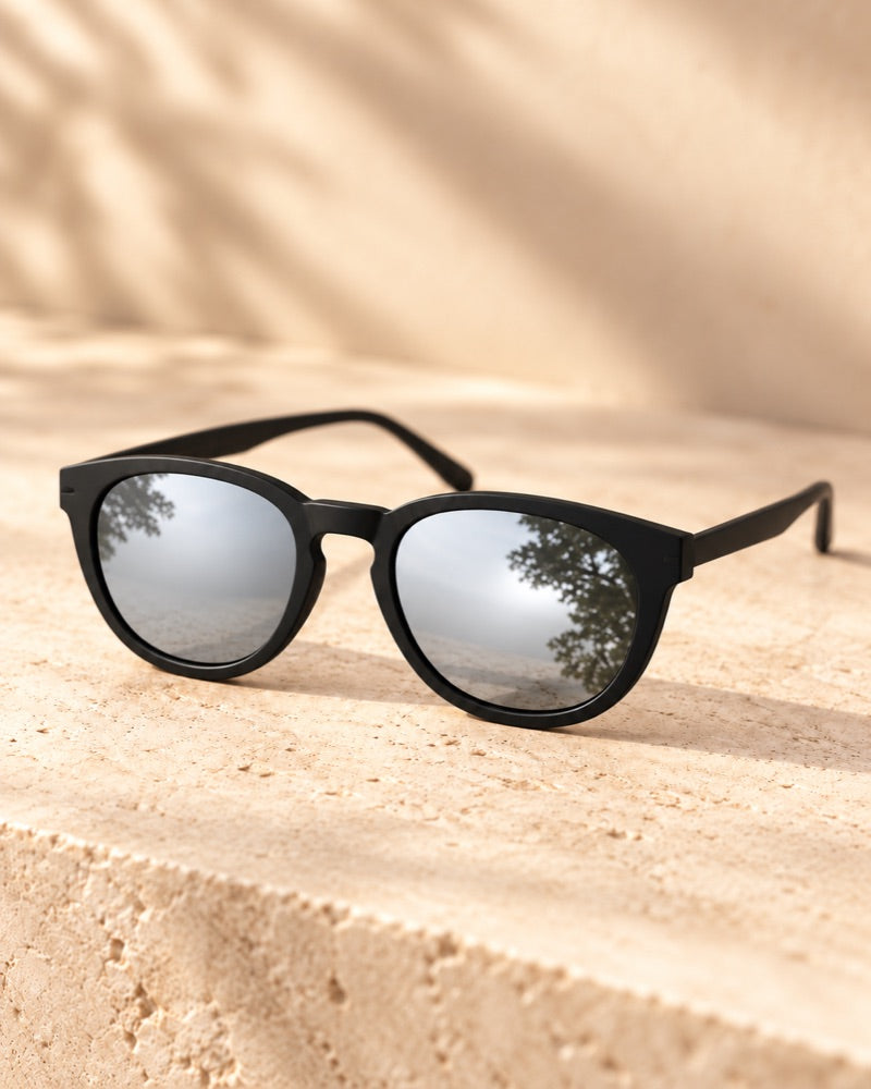 HUNA Silver Mirror UV400 Reflective Lens mounted on frame